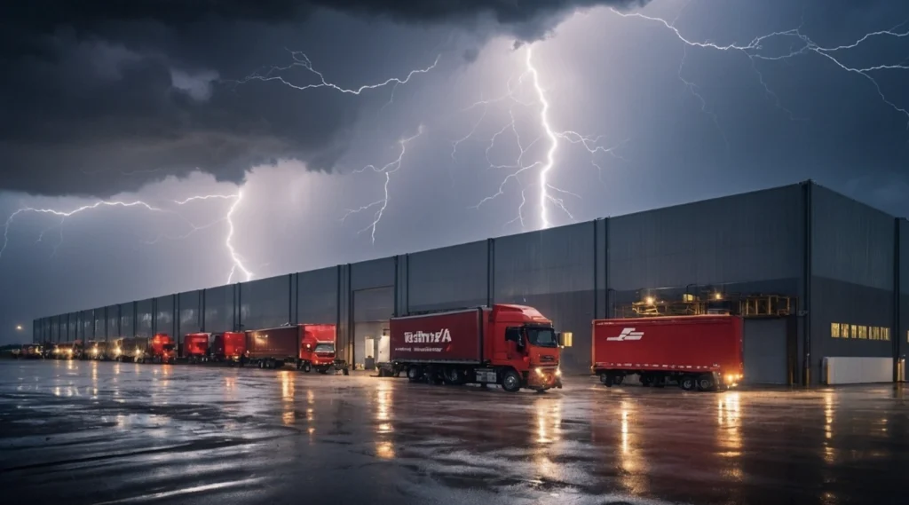 Orage au-dessus d'un entrepôt logistique