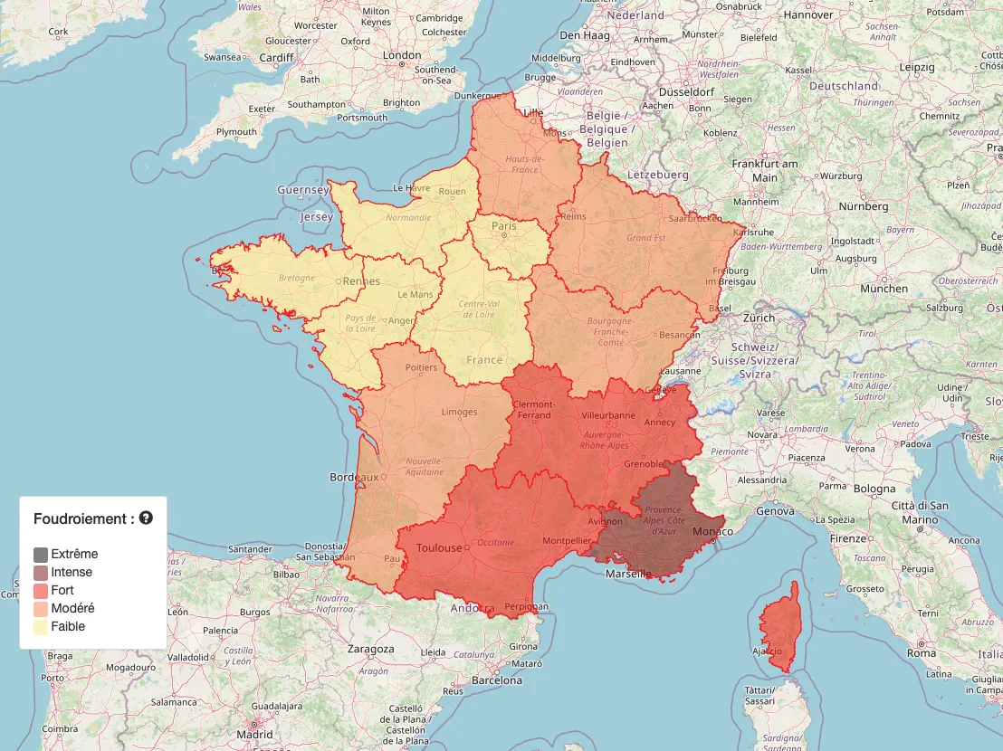 Carte de France du foudroiement par département